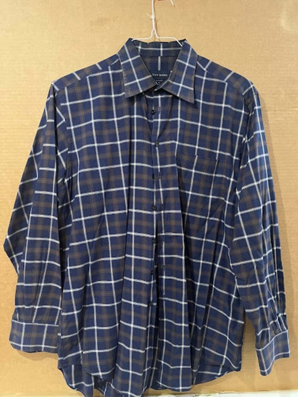 VTG Scott Barber Shirt Blue Brown Plaid Button Down XL